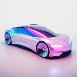 an electric sports car is in the air, with holographic paint on it