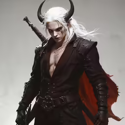 an adult male with white hair and horns standing in front of a gray background