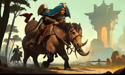 the painting shows an artist riding a horse