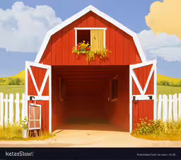 a red barn with plants in the window boxes,an empty wooden barn with a white fence and flowers