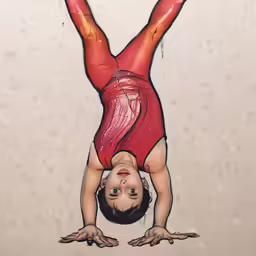 a woman doing yoga upside down with her hands raised
