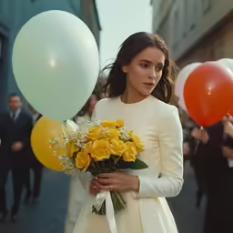 woman in white dress holding yellow flowers and balloons