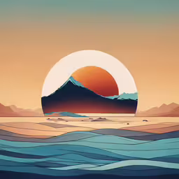 an illustration of a landscape with mountains in the background,a picture of a big orange and blue mountain