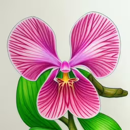 a pink flower is sitting on a green branch,a picture of a pink flower that has been colored