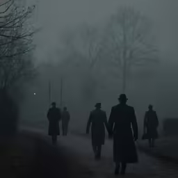 a couple walks down the road in the dark