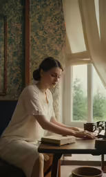 the woman is looking down at a book that has a cup of coffee on it