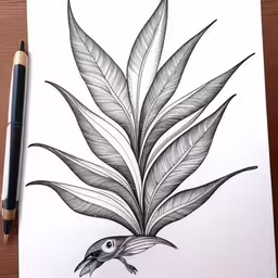 a drawing of a bird sitting on top of a tree branch,a drawing of a leaf and bird