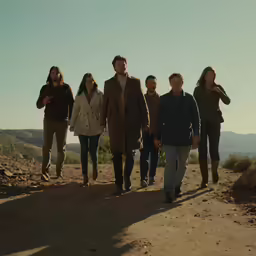 people are walking in the desert with hills and trees in the background