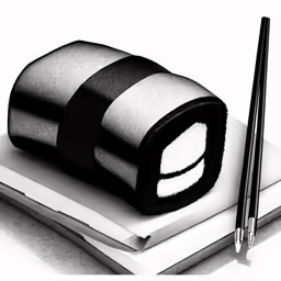 black and white photograph of a sushi roll next to two chopsticks