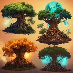 a group of different trees on top of each other,there are four trees growing from the rocks