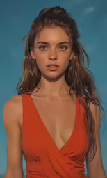 a model in a burnt orange one piece swimsuit