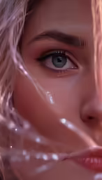 a woman with wet eyes and a light background