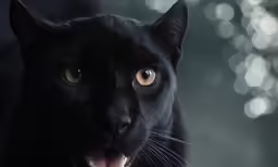 a black cat with very big yellow eyes is posing for a picture