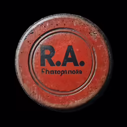a red frisbee that has the word ra printed on it