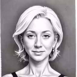 a woman with blonde hair wearing black and white