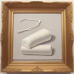 this is a painting of three rolled up pieces of paper,three rolled up towels in an ornate frame