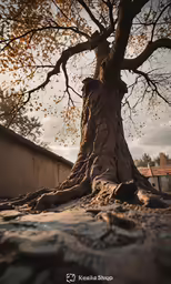 the tree stands tall above a cement surface