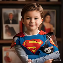a small child is dressed in a superman costume