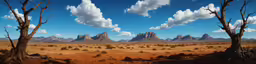 some mountains and trees in the desert