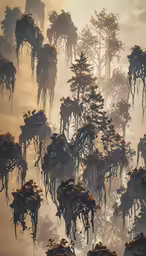 aerial view of many large trees with a foggy sky