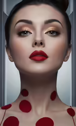 a woman with red makeup wearing a red polka dot shirt