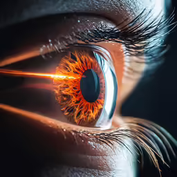 a eye with bright orange and black iris