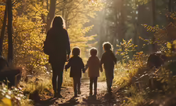 a woman and two children are walking down the path