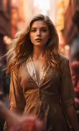 a woman is walking in the street with buildings