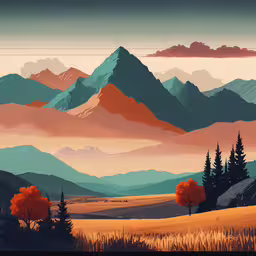 the landscape is painted with vibrant colors,mountains and trees in the middle of a field