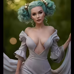 a woman in an elegant grey dress with a green hair