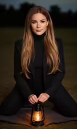 a woman sitting on the ground in a black outfit holding a lantern