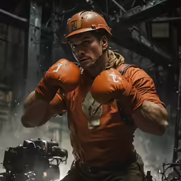 a man wearing a hard hat and punching his arm