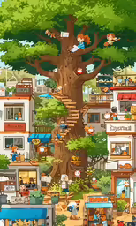 a tall tree with several buildings and people on it