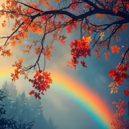 autumn trees and sky with rainbow in background
