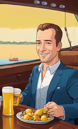a man eating in a yacht holding a plate of potatoes and beer,a man sitting at a table eating some food