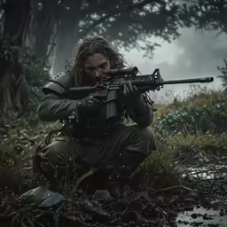 a soldier squatting in the woods while holding an m4 blackout