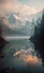 a mountain range with trees and mist over a river