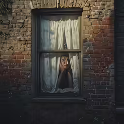 woman looking out window with curtain in brick building