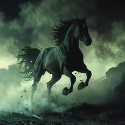 black horse runs through the dusty ground