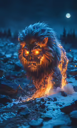 a lion with glowing orange eyes runs through a snowy field