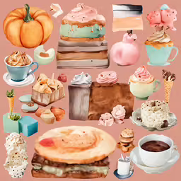 various items from pastries and cakes on display,some different things on a pink surface are arranged