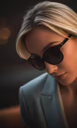 a beautiful blonde woman wearing a suit and sunglasses