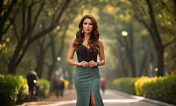 the woman is posing on the side walk