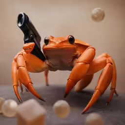 a tiny crab holding a gun as if it were about to attack it