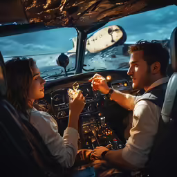 a man and woman sitting inside a cockpit of a plane