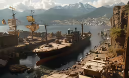 a computer generated image of a ship docked in the harbor