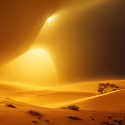 the sun sets over the desert, with sand and plants