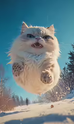 a fluffy cat jumps into the air in front of some trees