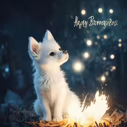 a white kitten sitting next to a fire