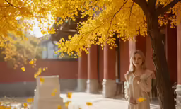a woman is standing under a tree in front of some leaves